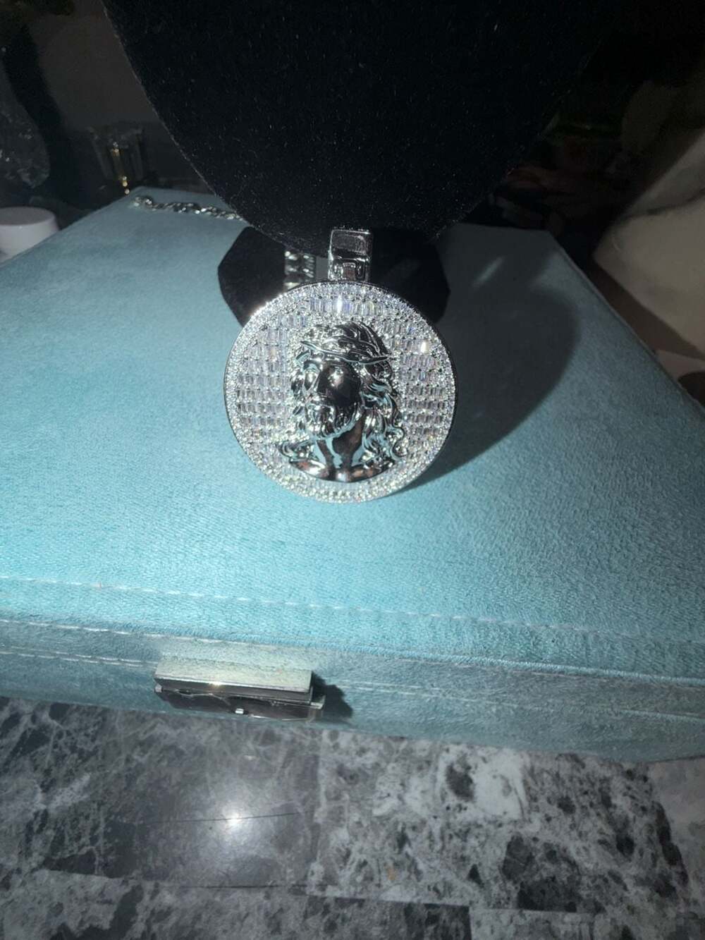 14k white gold thermal infused over brass Jesus medallion ice cz stones